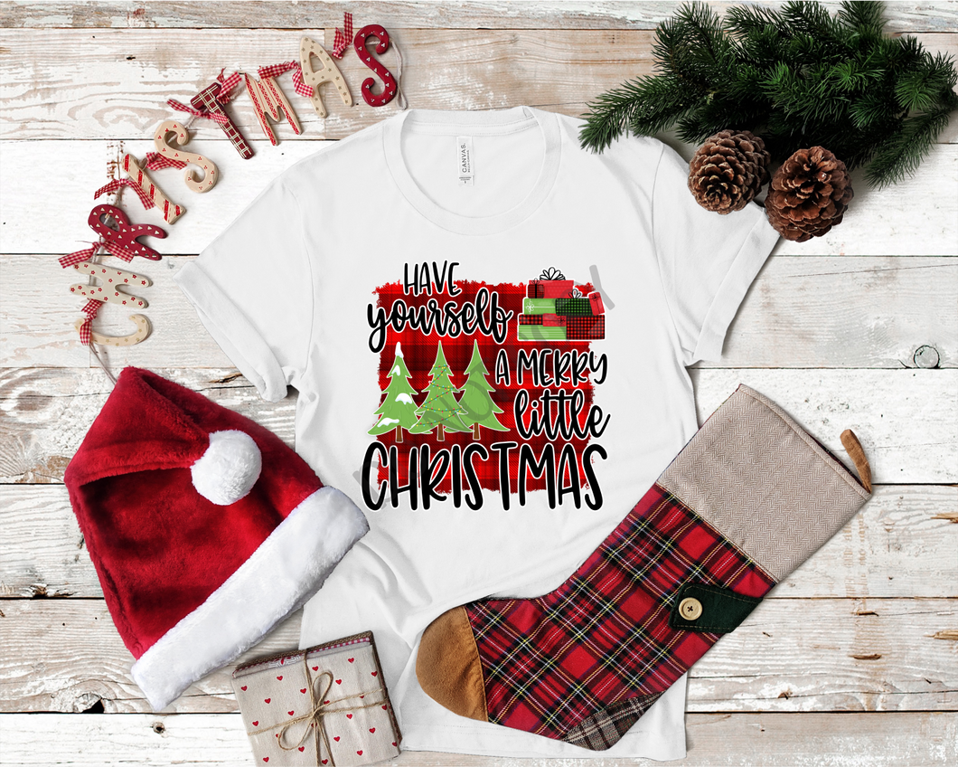 Have Yourself A Merry Little Christmas With Plaid Background, Trees & Presents Transfer