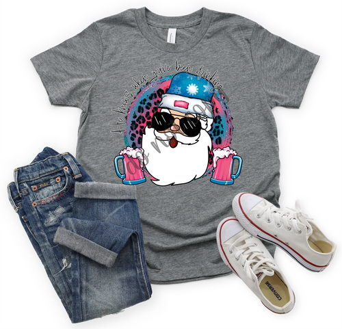 He Knows When You've Been Drinking Pink & Blue Santa With Pink Drink Transfer