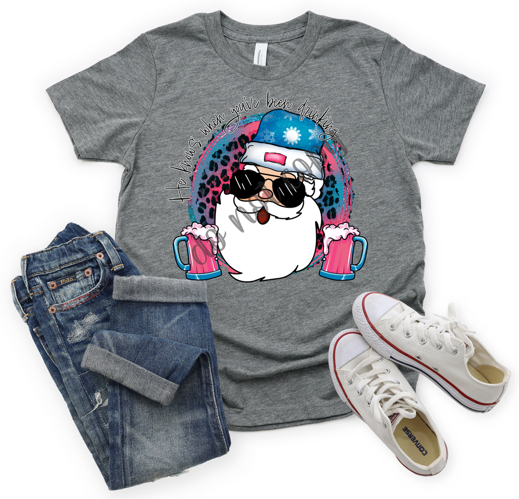 He Knows When You've Been Drinking Pink & Blue Santa With Pink Drink Transfer