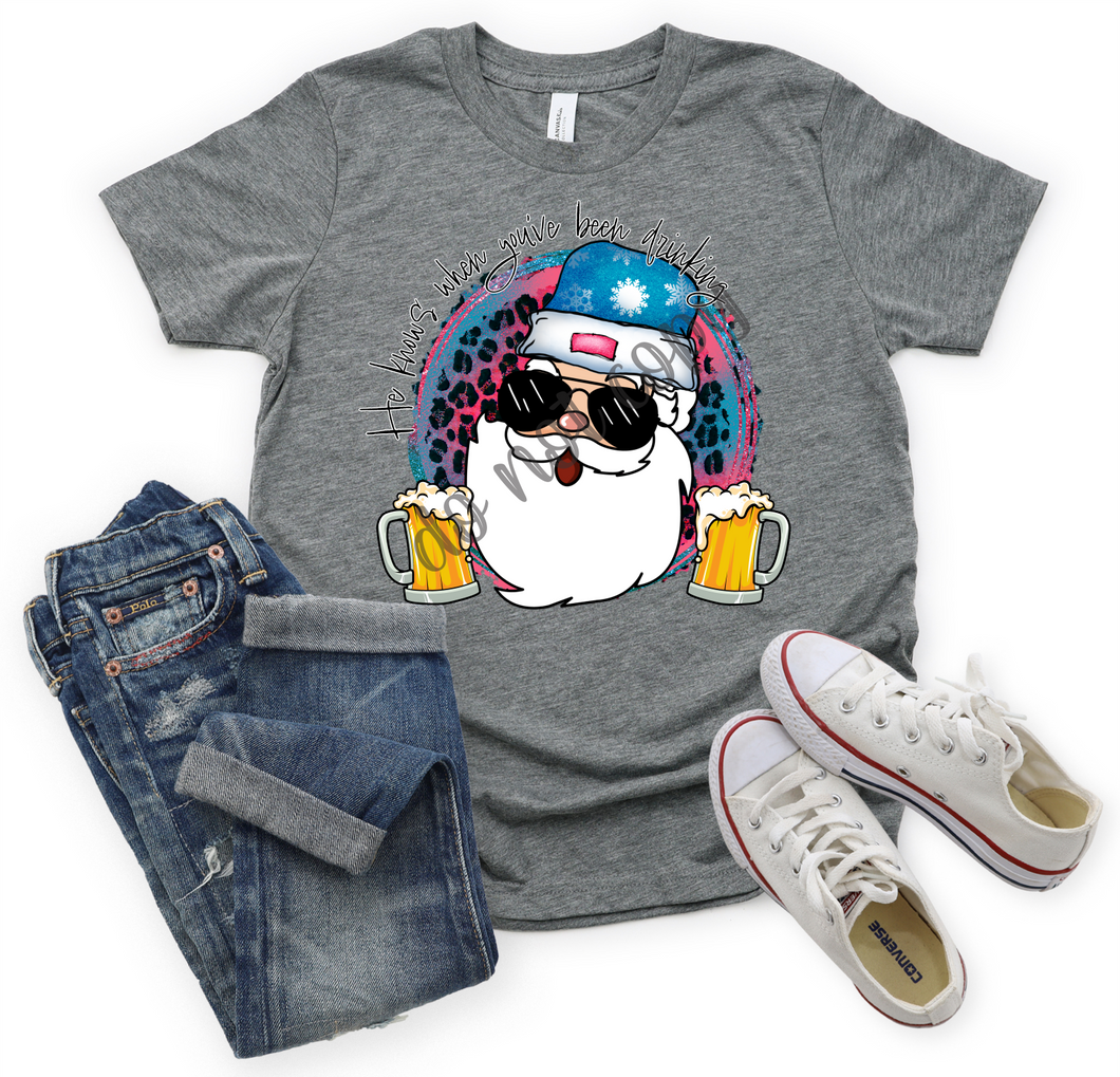 He Knows When You've Been Drinking Pink & Blue Santa With Beer Transfer