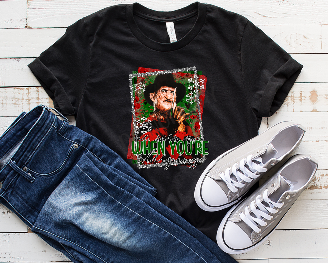 He Sees You When You're Sleeping Freddy Krueger Red & Green Snowflake Background Transfer