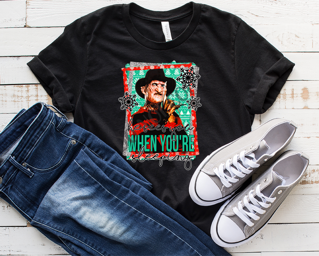 He Sees You When You're Sleeping Freddy Krueger Red & Mint Snowflake Background Transfer