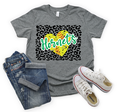 Hornets Green Softball Heart With Leopard Background