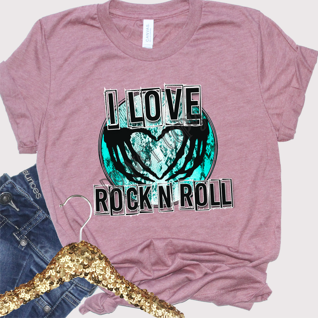 I love Rock N Roll Turquoise Skeleton Hands Transfer