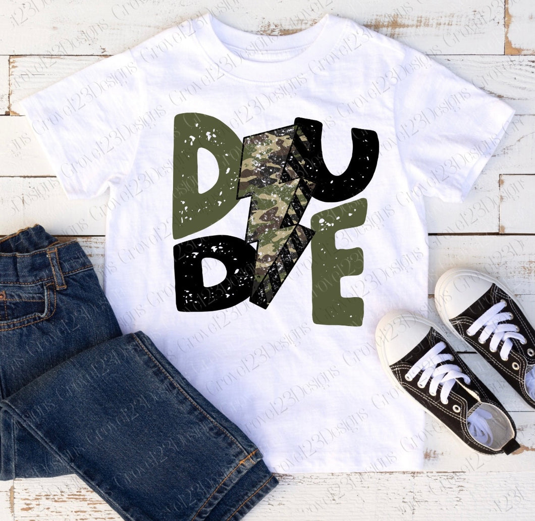 Dude Green & Camo Lightning Bolt Transfer