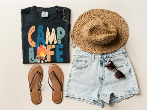 Camp Life Teal& Coral Letters With Camp Fire Transfer