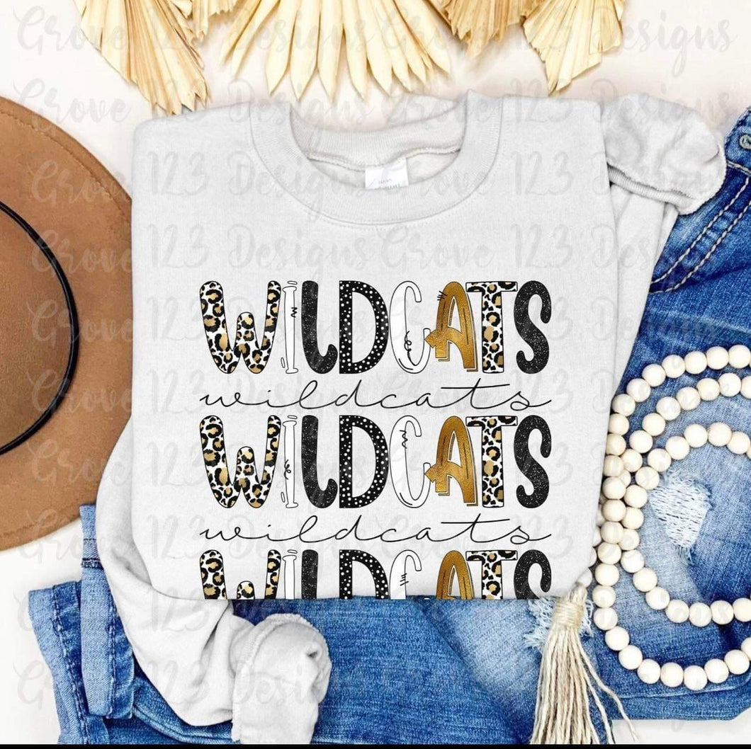 Wildcats Leopard & Gold Script & Doodle Letters Stacked Transfer