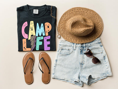 Camp Life Pastel Colored Letters With Leopard Lightning Bolt Transfer