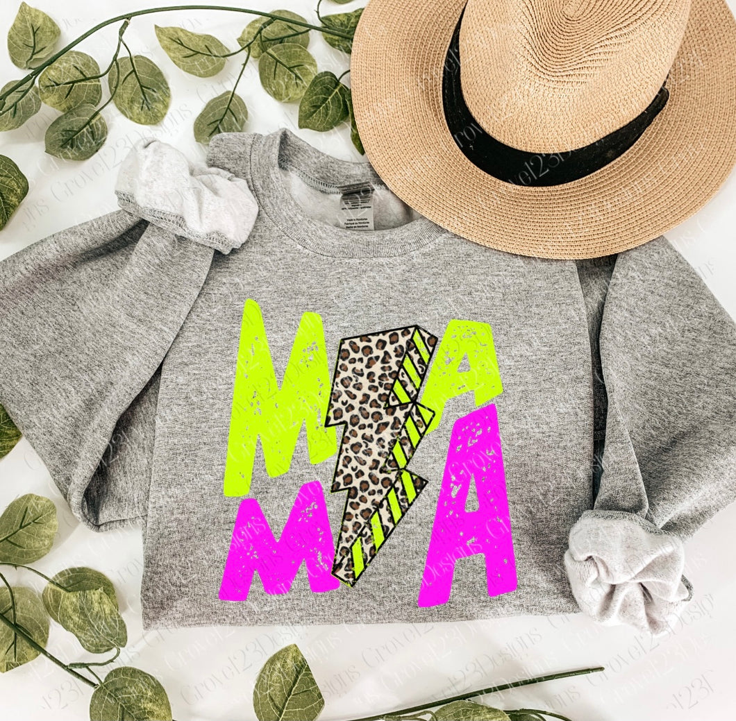 Mama Lime Green & Bright Purple With Leopard Lightning Bolt Transfer