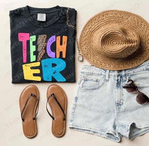 Teacher Bright Colored Letters With Leopard Lightning Bolt Transfer