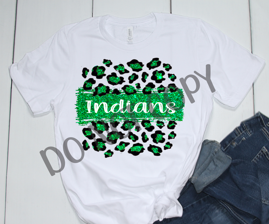 Indians Green & White Leopard Glitter Transfer