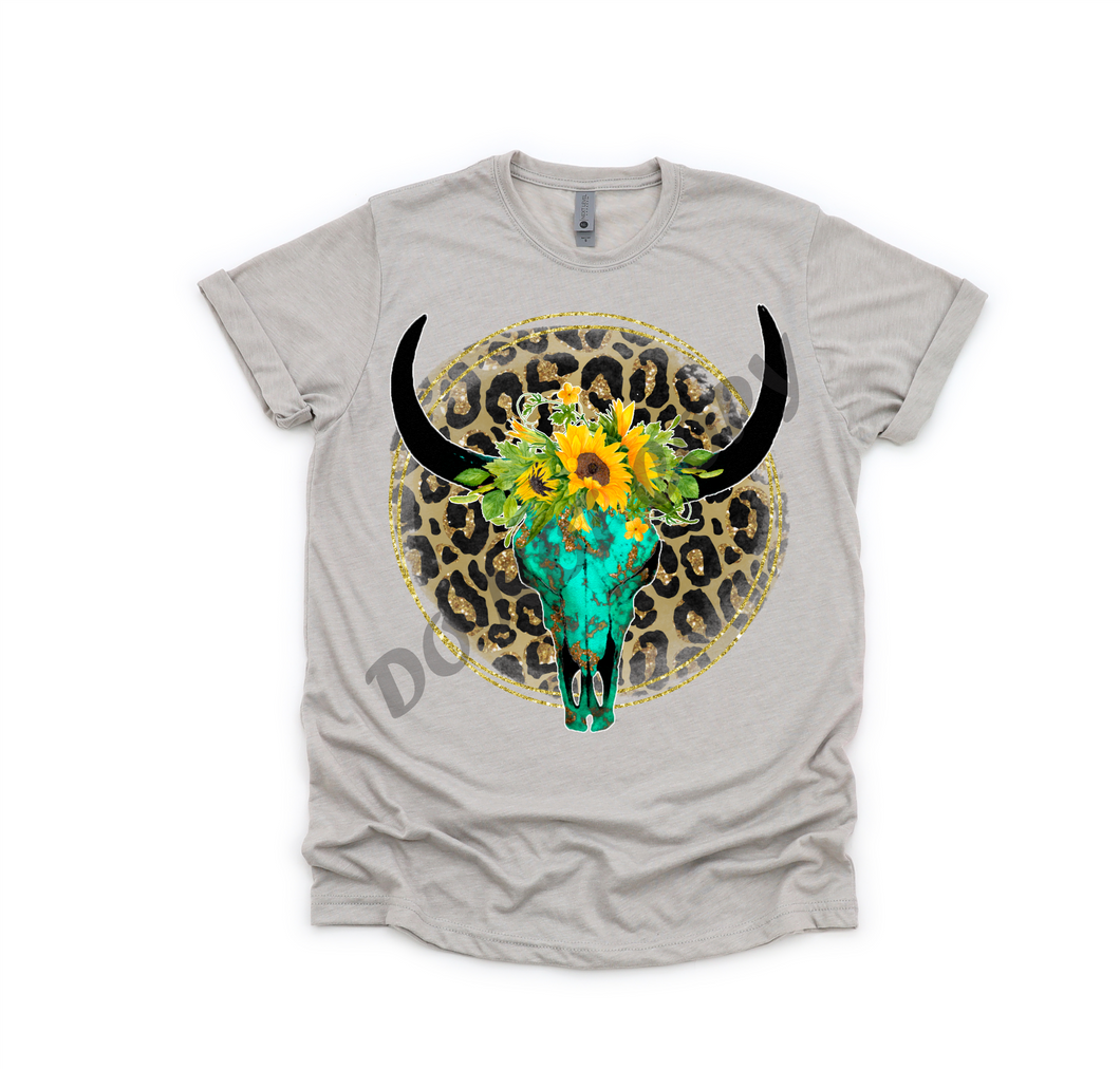 Leopard Turquoise Daisies Bull Skull Transfer