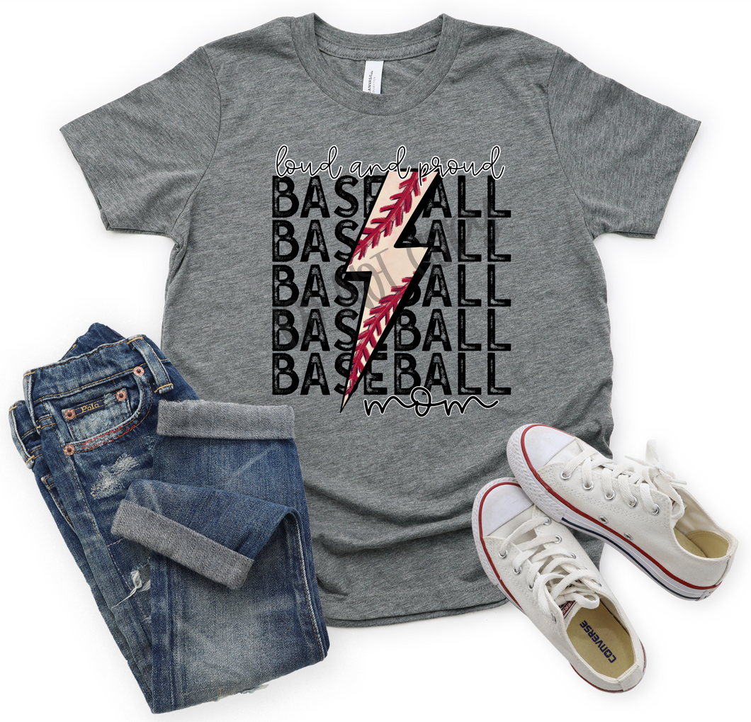 Loud & Proud Baseball Mom Lightning Bolt Stacked Transfer