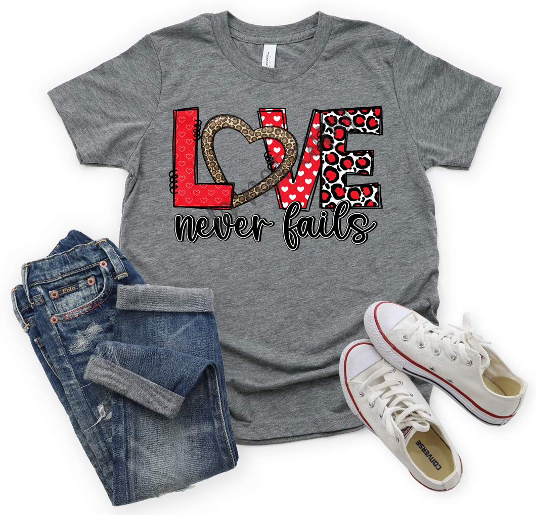 Love Never Fails Red Leopard Heart With Polka Dot & Red Letters Transfer