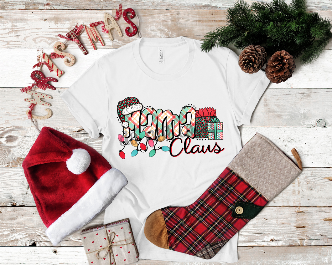 Mama Claus Plaid Leopard Hat With Presents & Lights Transfer