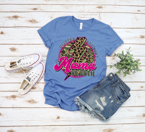 Mama Of Both Glitter & Dirt Leopard Circle With Lightning Bolt Transfer