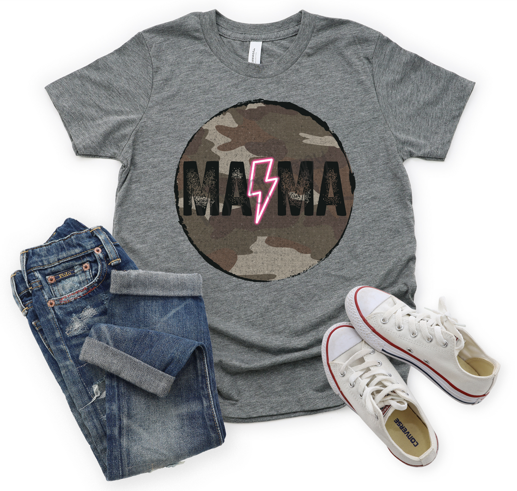 Mama Pink Lightning Bolt In Camo Circle Transfer