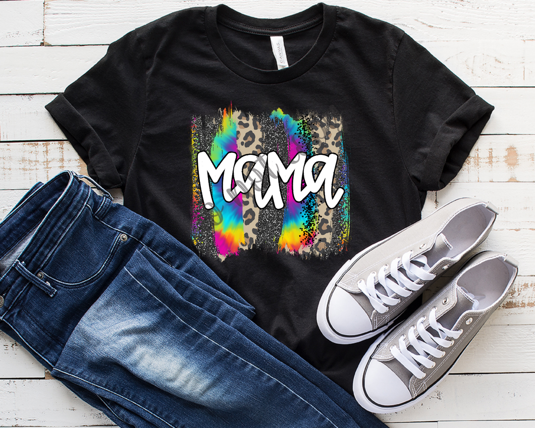 Mama Tie-Dye Leopard Glitter Brushstroke Transfer