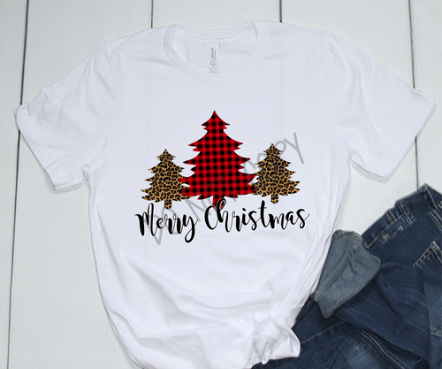 Merry Christmas 3 Trees Buffalo Plaid & Leopard Transfer