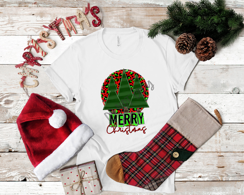 Merry Christmas Red & Green Leopard Circle With Trees Transfer