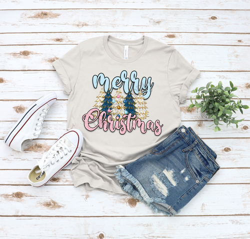 Merry Christmas Blue & Pink Glitter with Trees Transfer