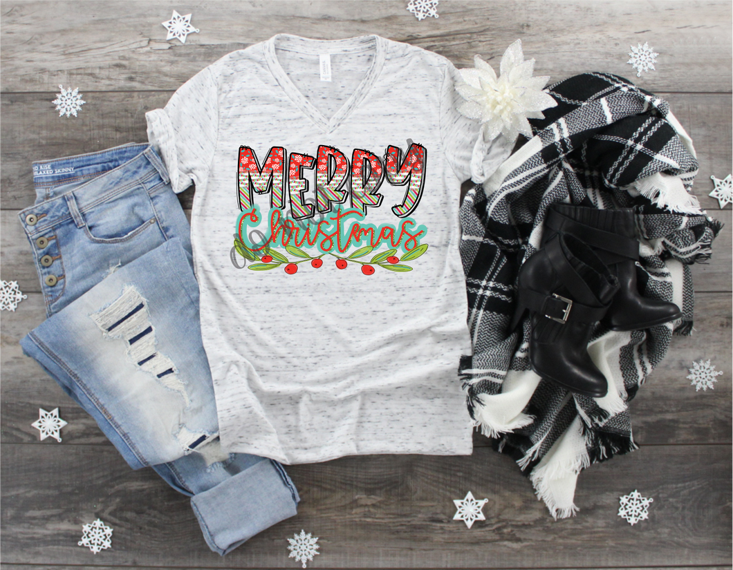 Merry Christmas Pink, Teal and Green with Holly Transfer