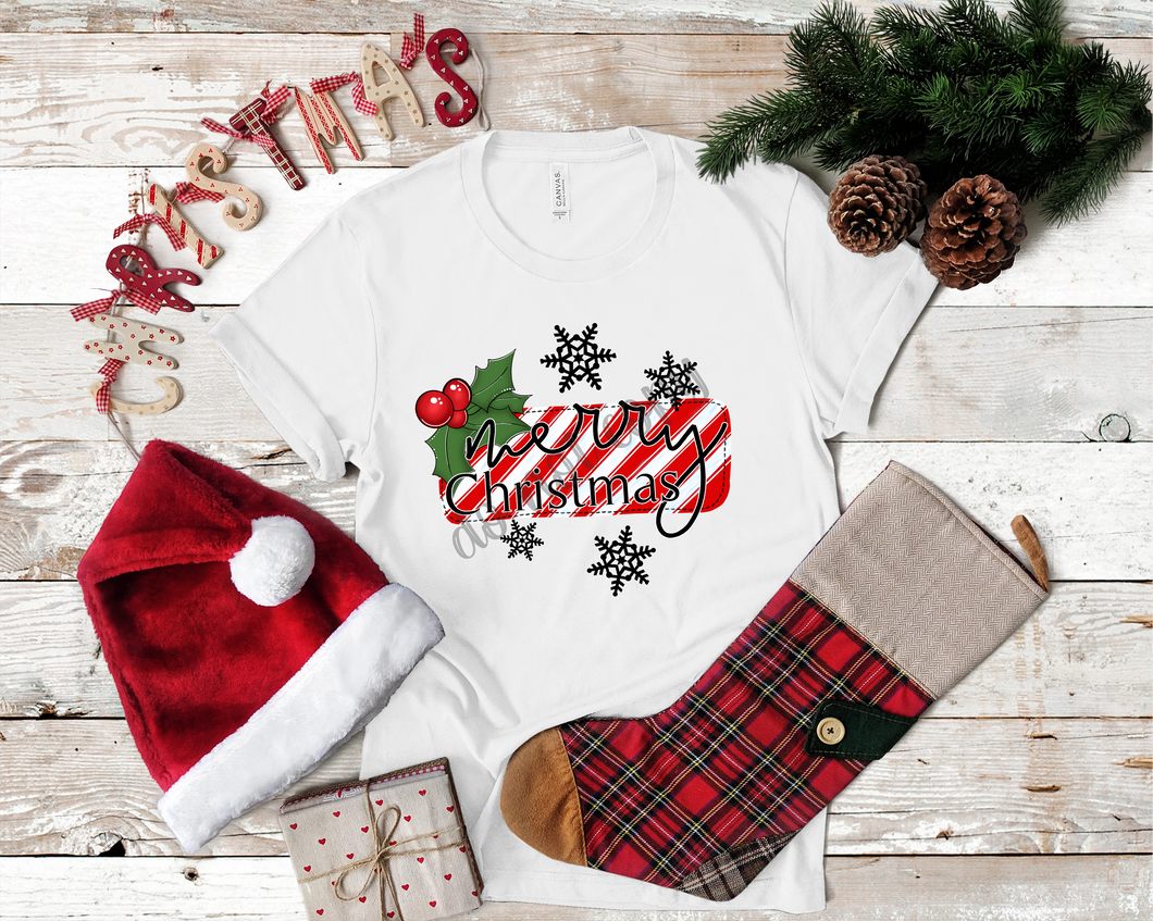 Merry Christmas Red Stripes With Mistletoe & Snowflakes Transfer