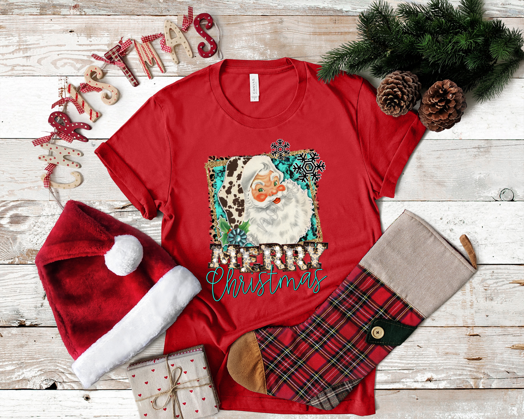 Merry Christmas Santa With Leopard, Cowhide, & Turquoise Transfer