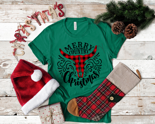 Merry Country Christmas Buffalo Plaid Bullskull Transfer