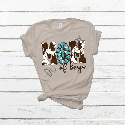 Mom Of Boys Cowhide and Turquoise Transfer