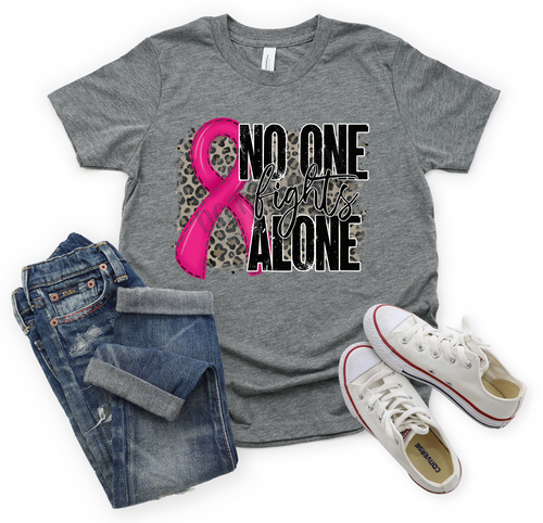 No One Fights Alone Pink Ribbon With Leopard Background Transfer