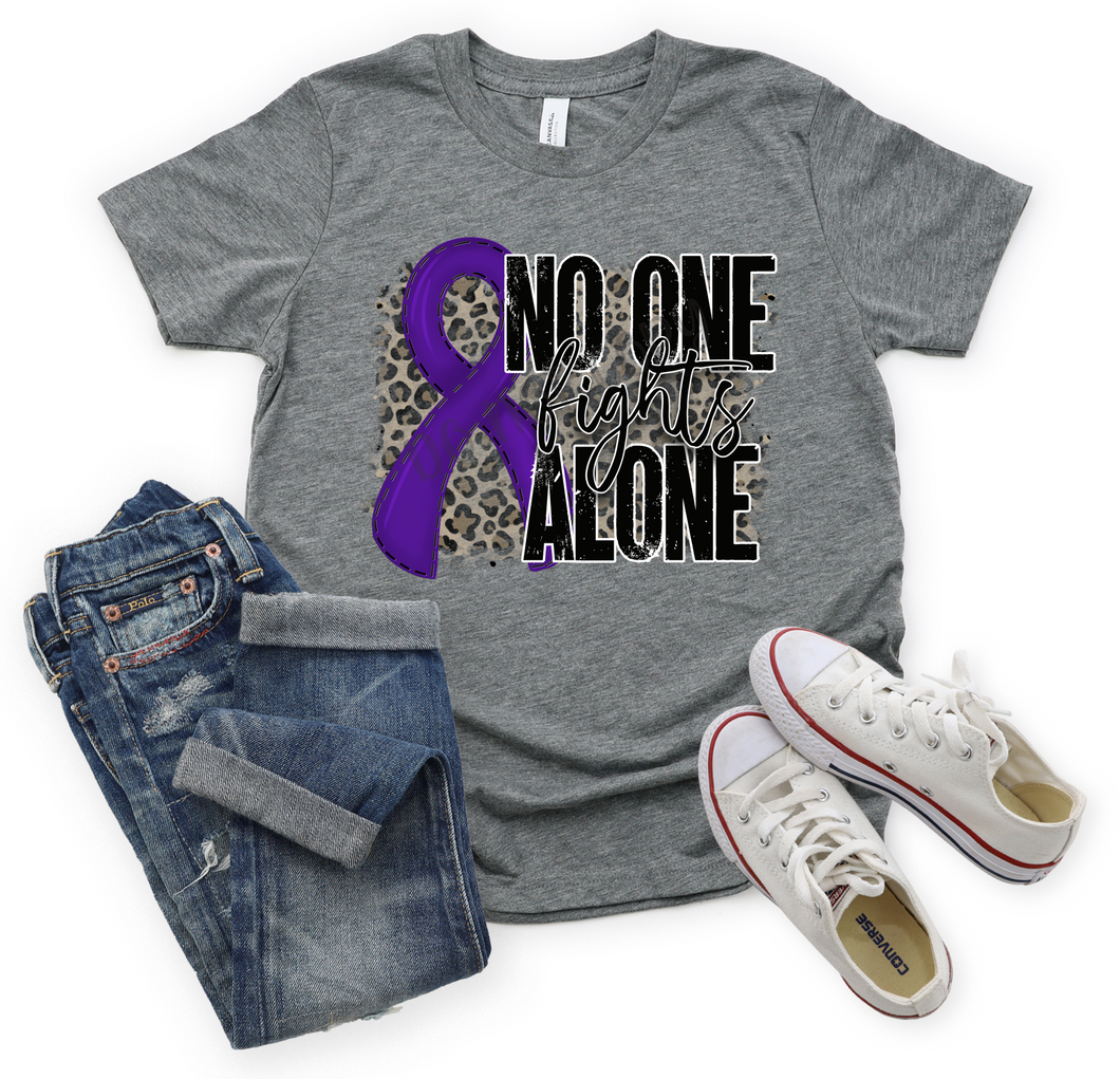 No One Fights Alone Purple Ribbon With Leopard Background Transfer