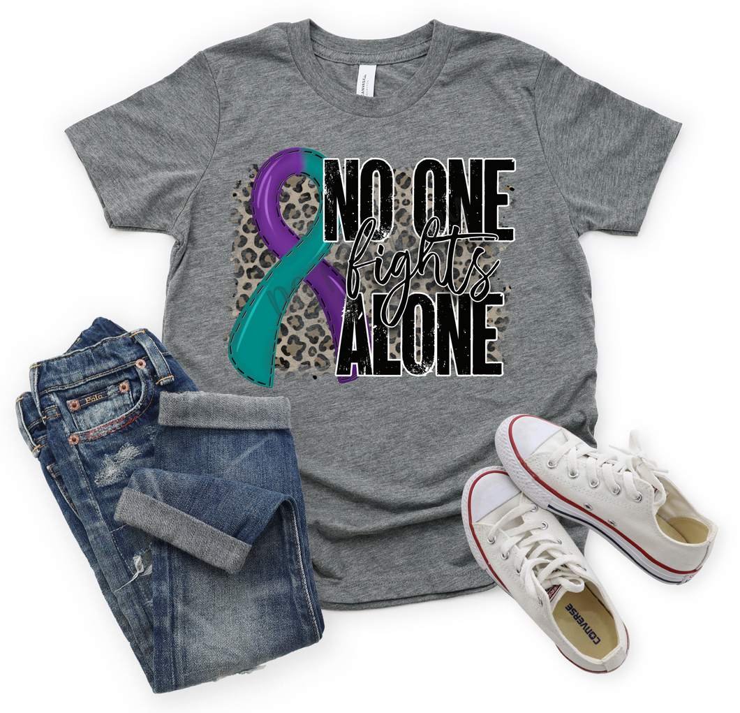 No One Fights Alone Purple & Teal Ribbon With Leopard Background Transfer