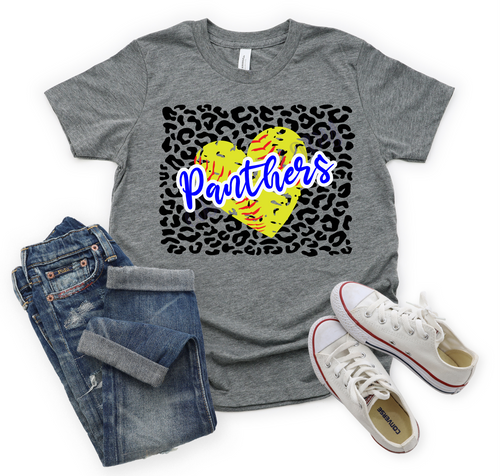 Panthers Royal White Softball Heart With Leopard Background