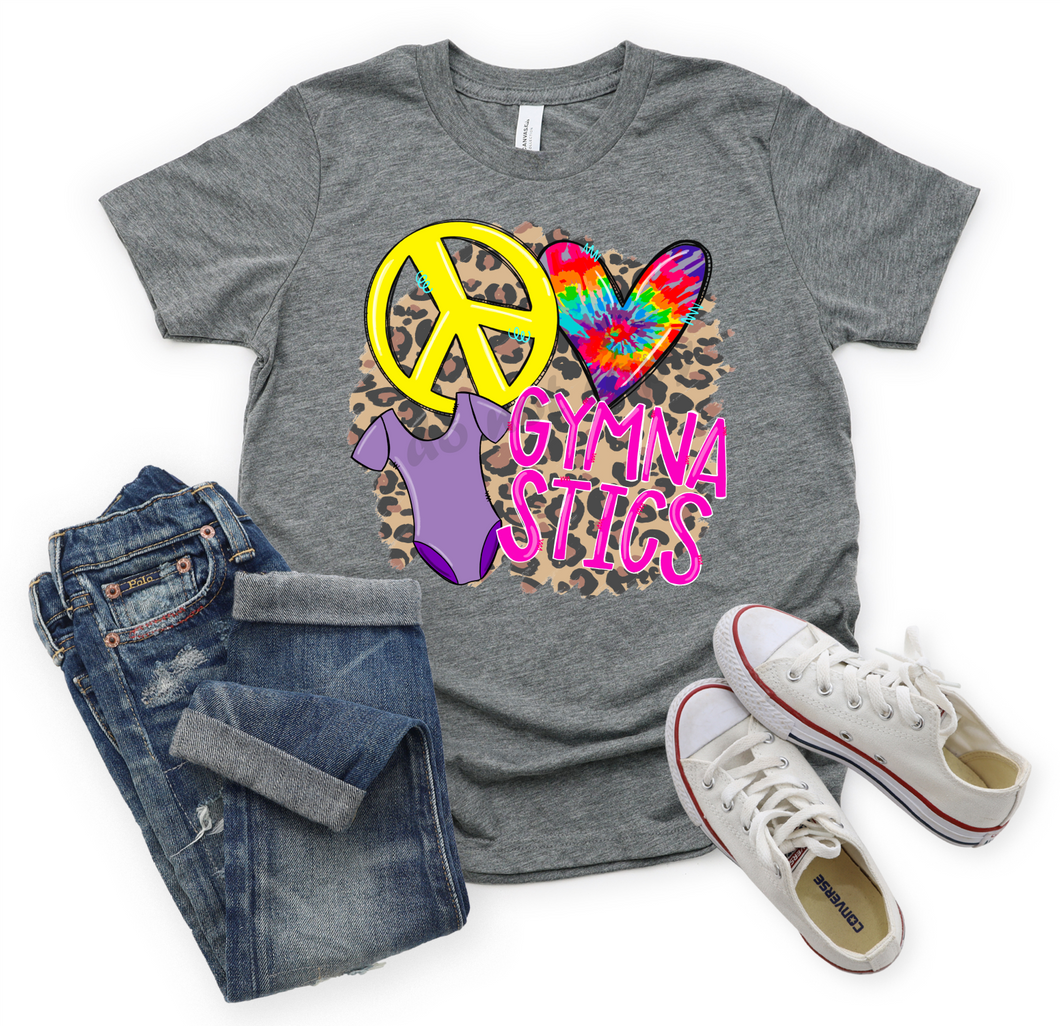 Peace Love Gymnastics Tie-Dye With Leopard Background