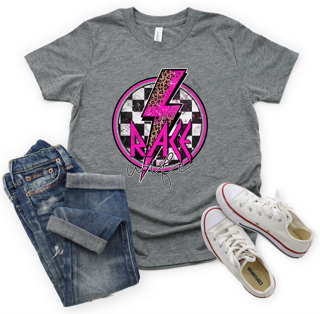 Race Wife Pink Circle With Lightning Bolt Transfer