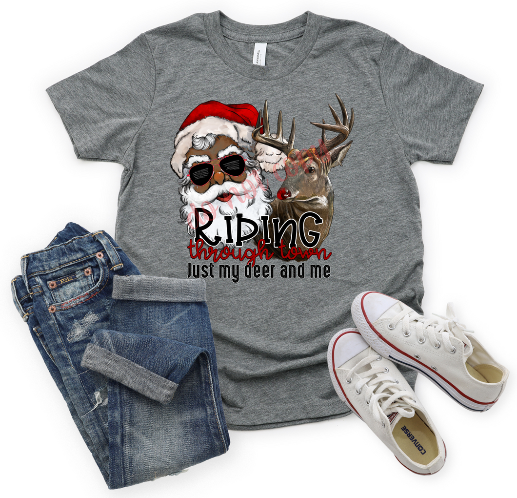 Riding Through Town Just My Deer & Me Black Santa Transfer