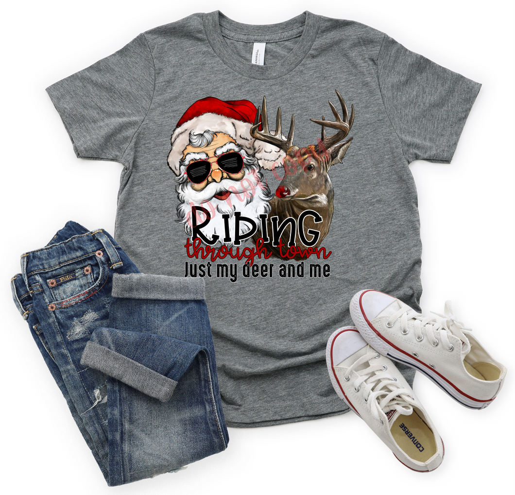 Riding Through Town Just My Deer & Me White Santa Transfer