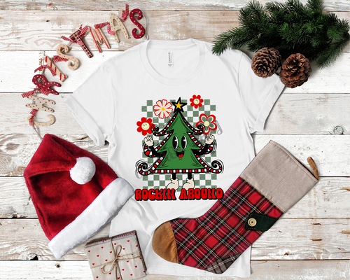 Rockin Around The Christmas Tree With Black Checkered Frame Transfer