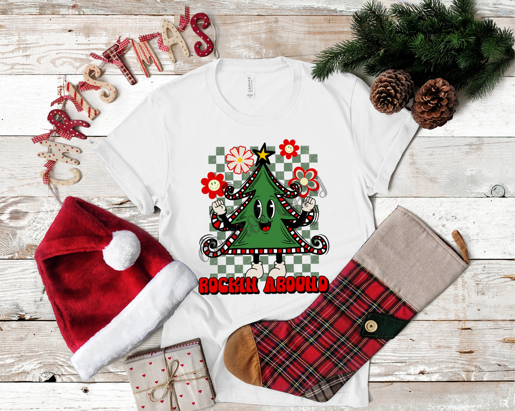 Rockin Around The Christmas Tree With Black Checkered Frame Transfer