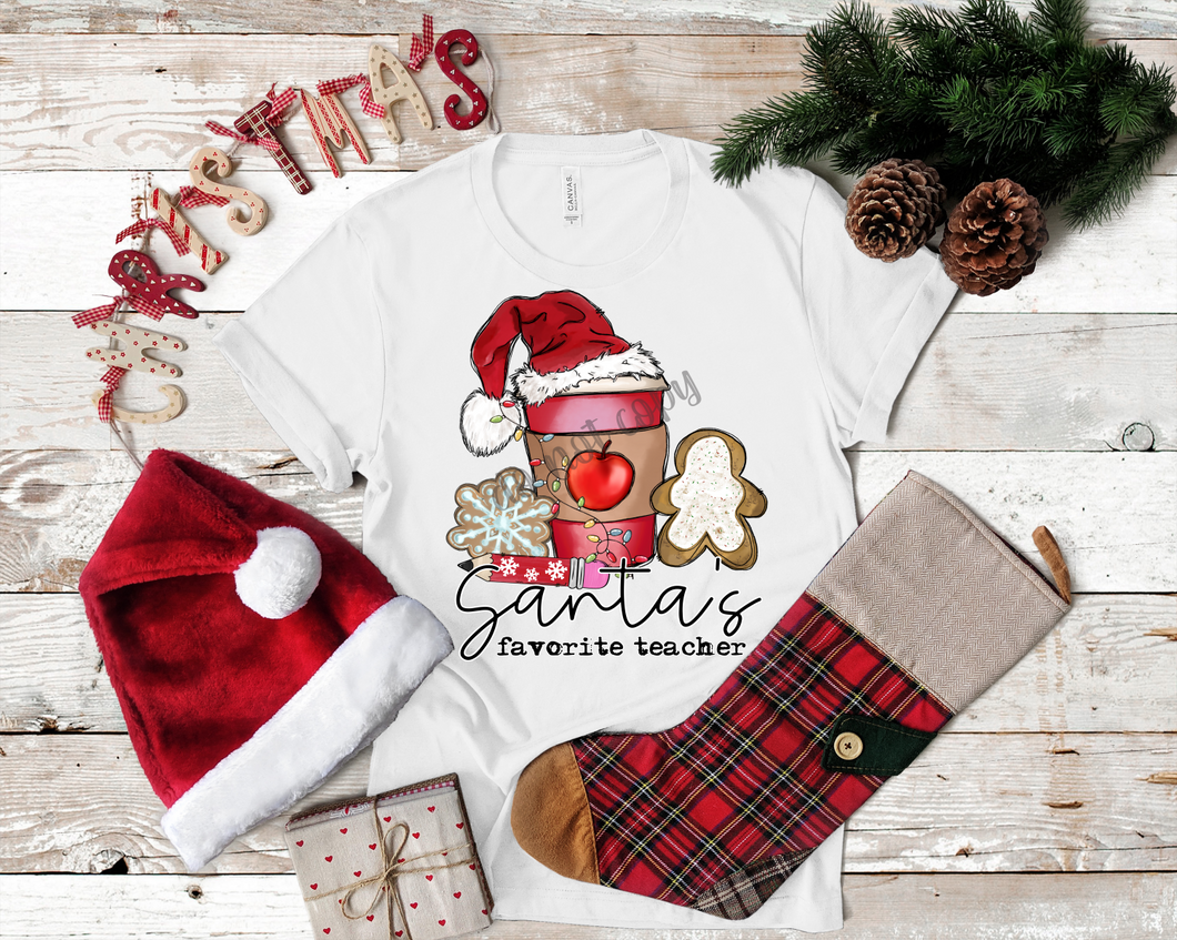 Santa's Favorite Teacher With Coffee Cup And Gingerbread Transfer