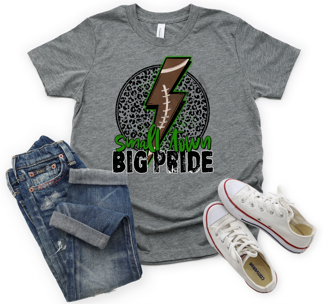 Small Town Big Pride With Football Lightning Bolt & Leopard Green Transfer