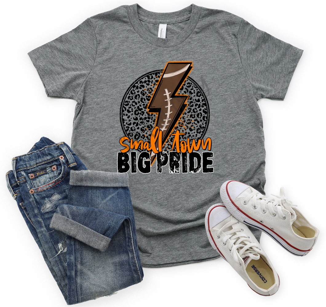 Small Town Big Pride With Football Lightning Bolt & Leopard Orange Transfer