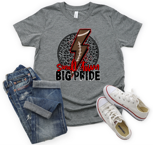 Small Town Big Pride With Football Lightning Bolt & Leopard Red Transfer