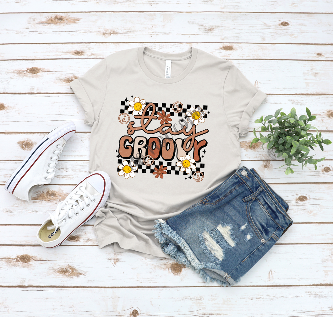 Stay Groovy Brown & Tan Checkered With Flowers Retro Transfer