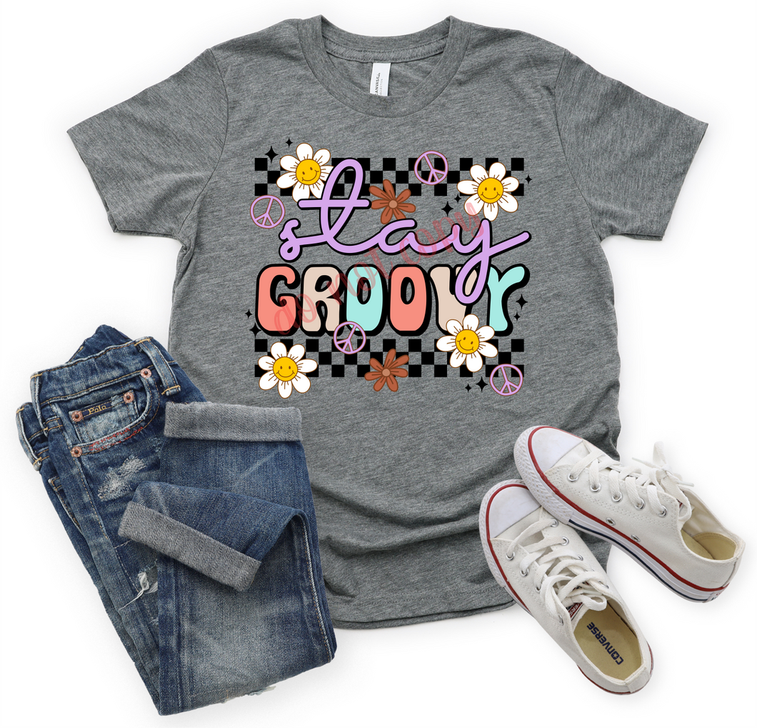 Stay Groovy Lavender, Mint, Coral & Tan Checkered With Flowers Retro Transfer