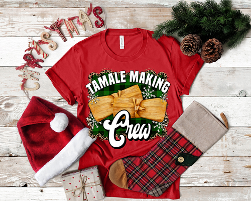 Tamale Making Crew with green plaid background with leopard boarder Transfer