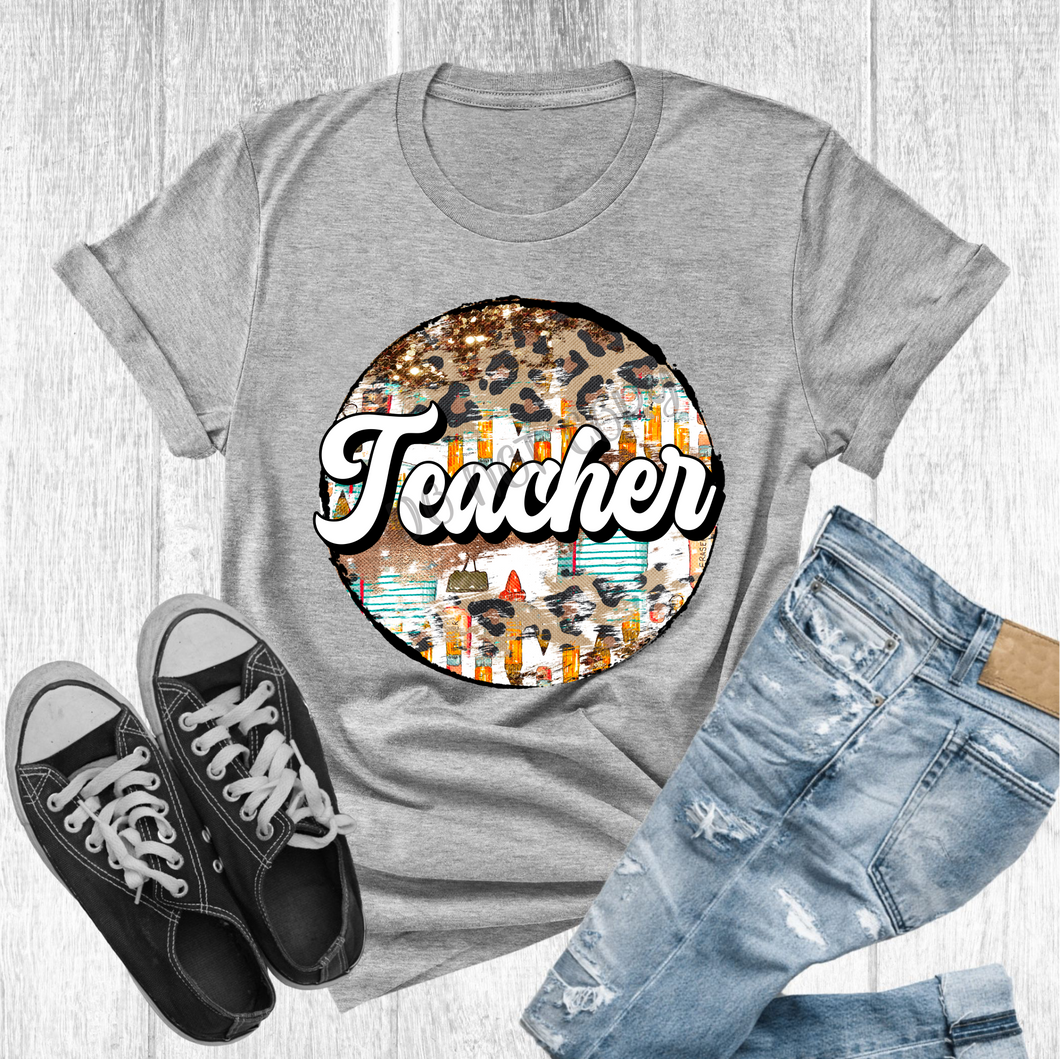 Teacher Leopard Glitter Brush Circle Transfer