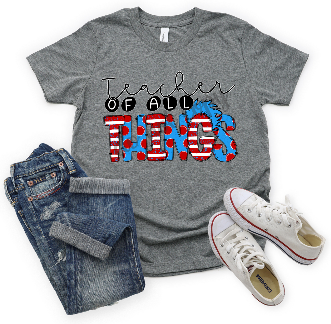 Teacher Of All Things Blue & Red Stripes & Polka Dots Transfer