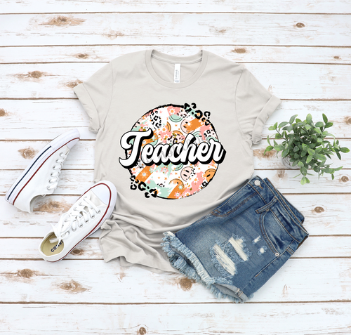 Teacher Smiley Face Leopard Retro Circle Transfer